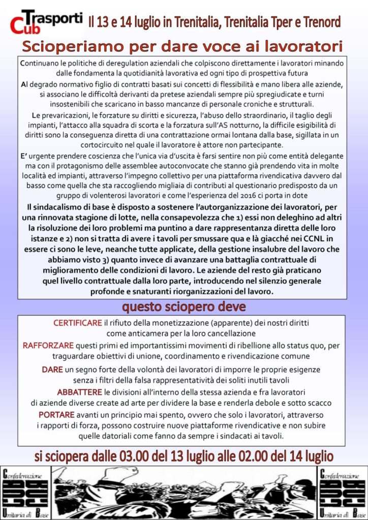 Un svolantino del CUB Trasporti per sciopero luglio.