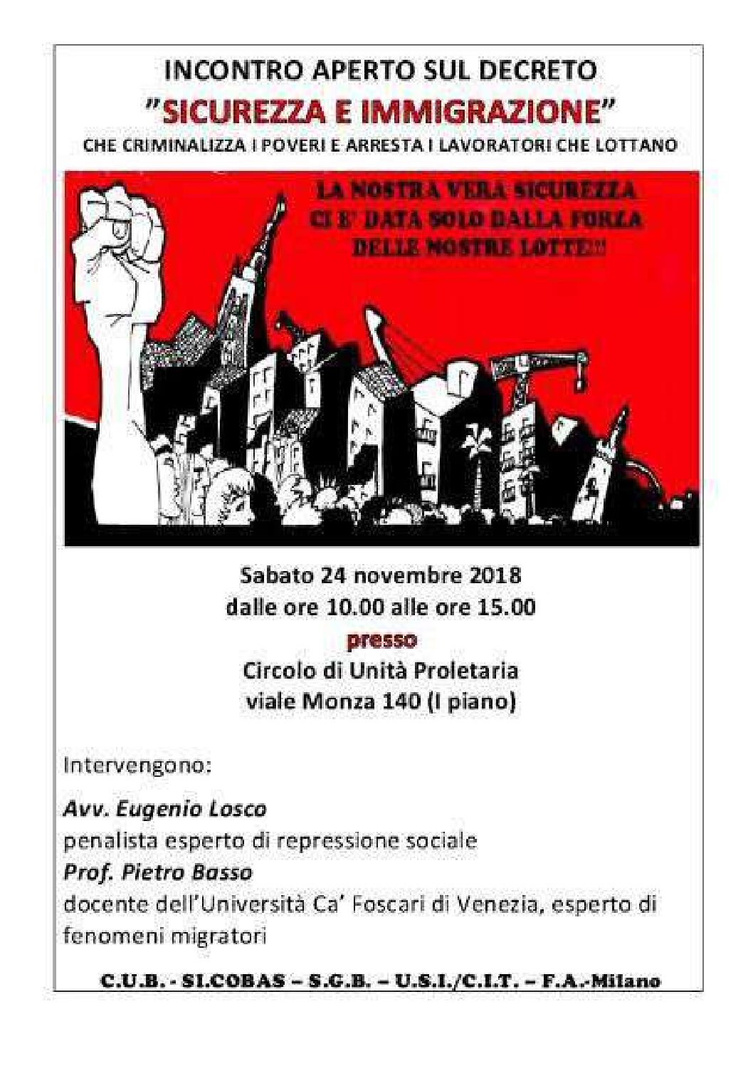 Scopri di più sull'articolo INCONTRO APERTO SUL DECRETO SICUREZZA E IMMIGRAZIONE CHE CRIMINALIZZA I POVERI E ARRESTA I LAVORATORI CHE LOTTANO