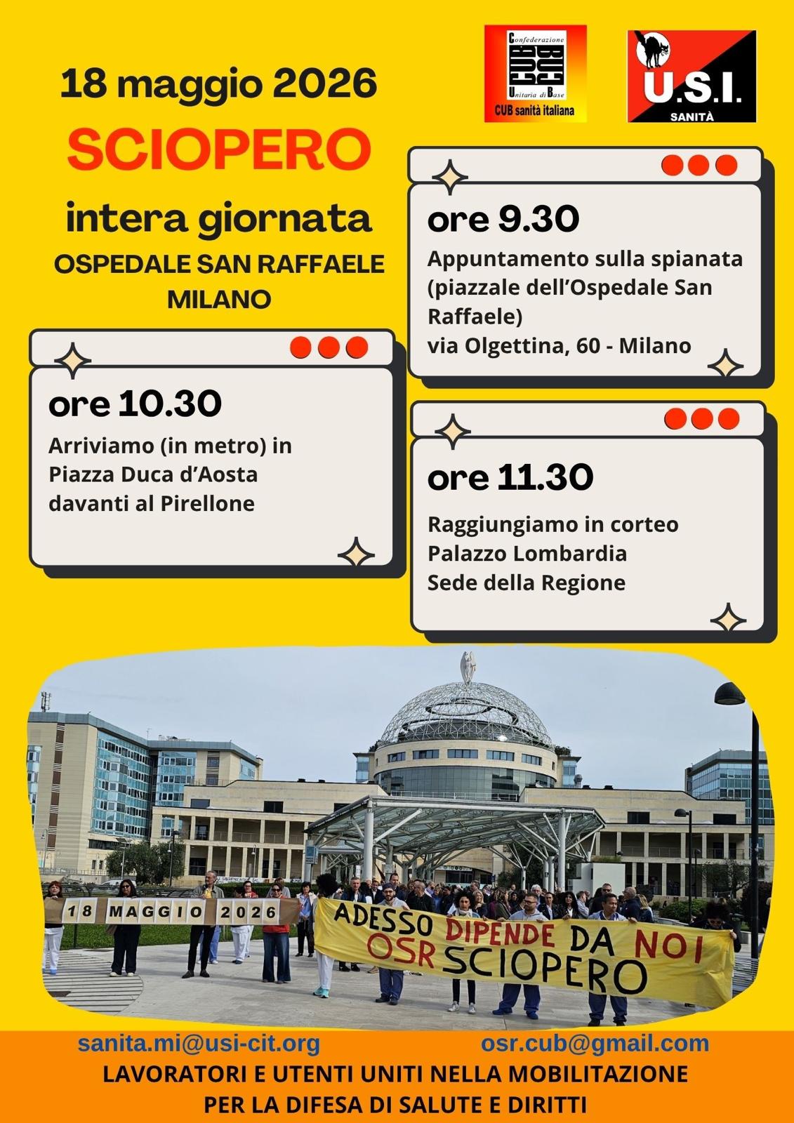 Scopri di più sull'articolo Ospedale San Raffaele: lunedì 18 maggio sciopero intera giornata